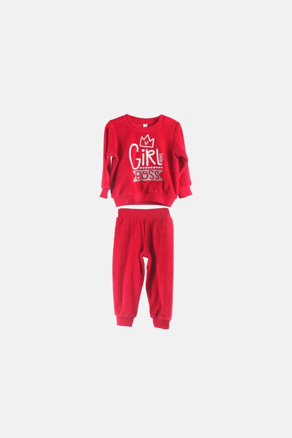 DREAMS velor pajamas in red with the "GIRL BOSS" logo.