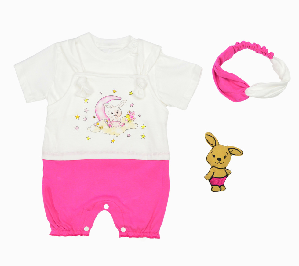 EBITA bodysuit with bunny print on the stars, matching ribbon and toy.