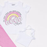 TRAX capri leggings set in white with "GOOD VIBES" logo and purse.