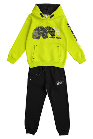 SPRINT tracksuit set in lime color with appliqué design and hood.