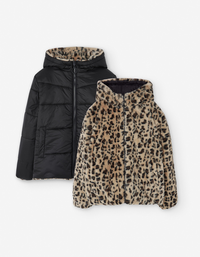 Μπουφάν- γουνάκι LOSAN σε μαύρο και μπεζ χρώμα με animal print.