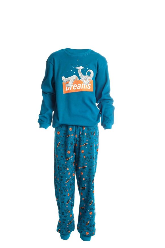 DREAMS pajamas in blue with a space print.