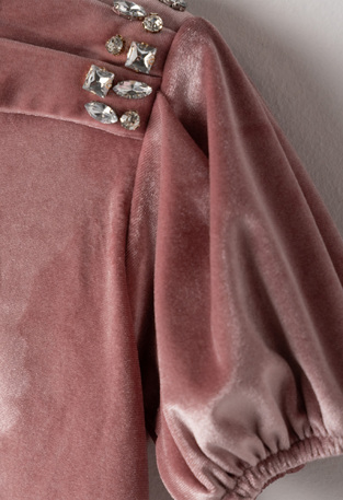 EVITA velor dress in pink with diamonds.