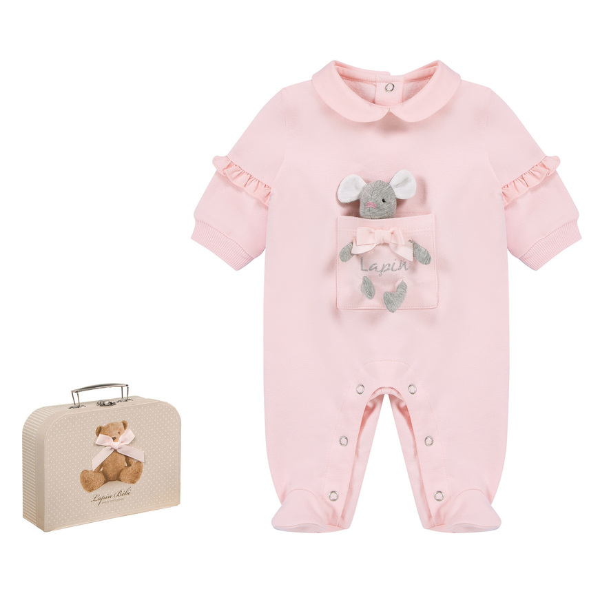 LAPIN HOUSE bodysuit in pink color with a decorative stuffed mouse.