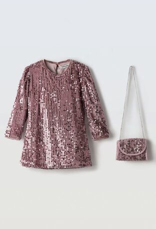 EVITA velvet dress with matching bag in dark pink with sequins.