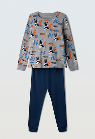 HOMMIES pajamas with matching sleep mask in gray with dark blue.