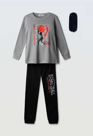 HOMΜIES pajamas with matching sleep mask in gray-black.