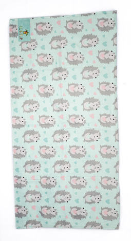 Beach towel TORTUE 140 X 70 cm. in mint color with all over hedgehog print.