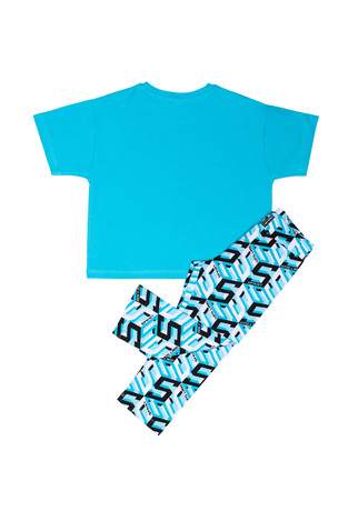 Set of SPRINT capri leggings in turquoise color with all over print.