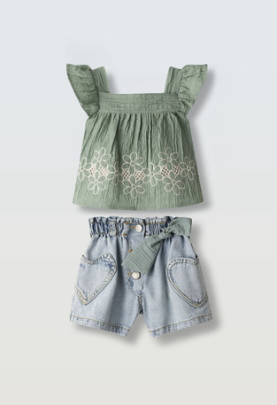 EVITA denim shorts set in olive green and light blue.
