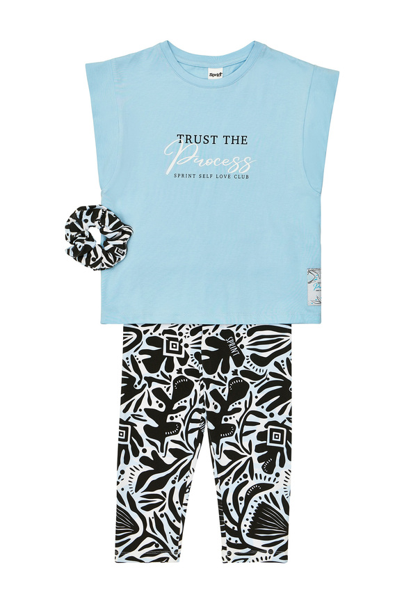 Σετ κολάν SPRINT σε γαλάζιο με μαύρο χρώμα και ασορτί λάστιχο για τα μαλλιά.