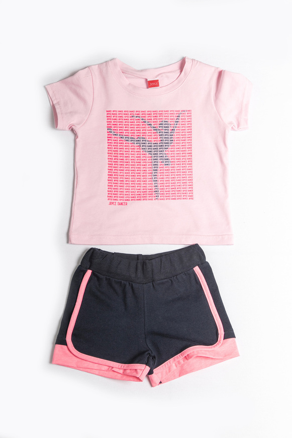 JOYCE shorts set, ballerina print top and blue-pink shorts.