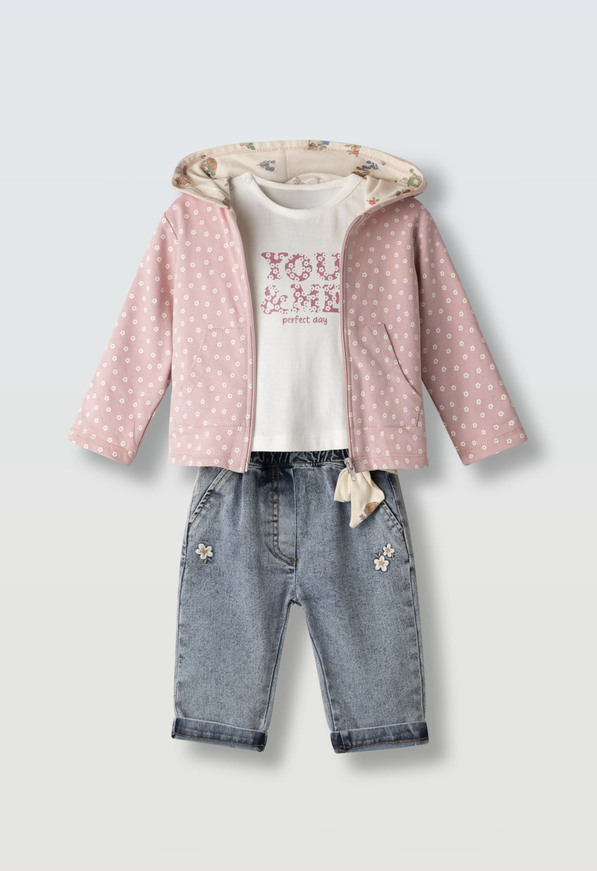 Σετ 3 τεμ. ΕΒΙΤΑ, ζακέτα με φερμουάρ, μπλούζα και παντελόνι τζιν.