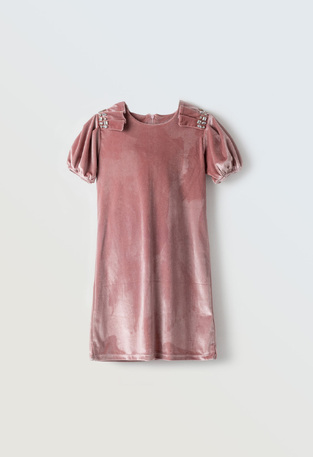 EVITA velor dress in pink with diamonds.
