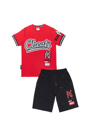 SPRINT shorts set in red with "CHEATS NEXT TIME WORK" logo embossed.