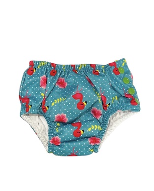TORTUE swim diaper in turquoise color with all over flamingos print.