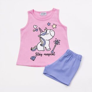 TRAX shorts set in pink with "STAY MAGICAL" logo.