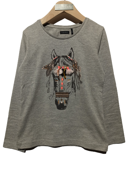IKKS cotton blouse in gray color with a round neck and embossed embroidery.