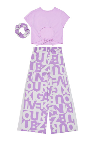 Σετ παντελόνα SPRINT σε χρώμα λιλά με γκρι και ασορτί λάστιχο μαλλιών.