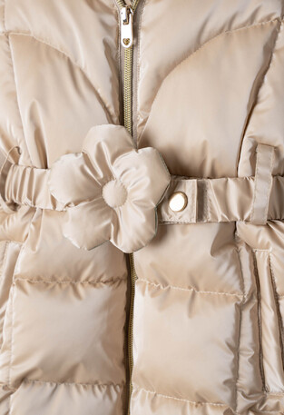 EBITA jacket in beige color with shiny appearance and belt.