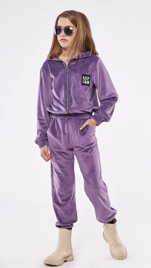 EBITA velor jumpsuit set in purple with embossed "KEEP CALM" logo.