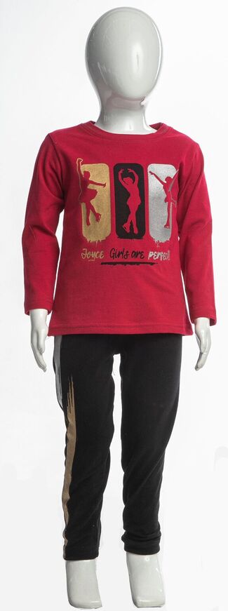 JOYCE leggings set, red blouse with embossed print on the front and leggings with side print.