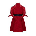 LAPIN HOUSE red dress with all over kipur lace.
