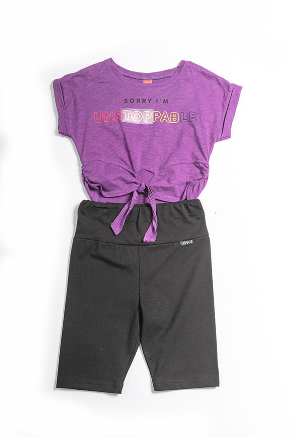 JOYCE leggings set, purple blouse with front tie and black cycling leggings.
