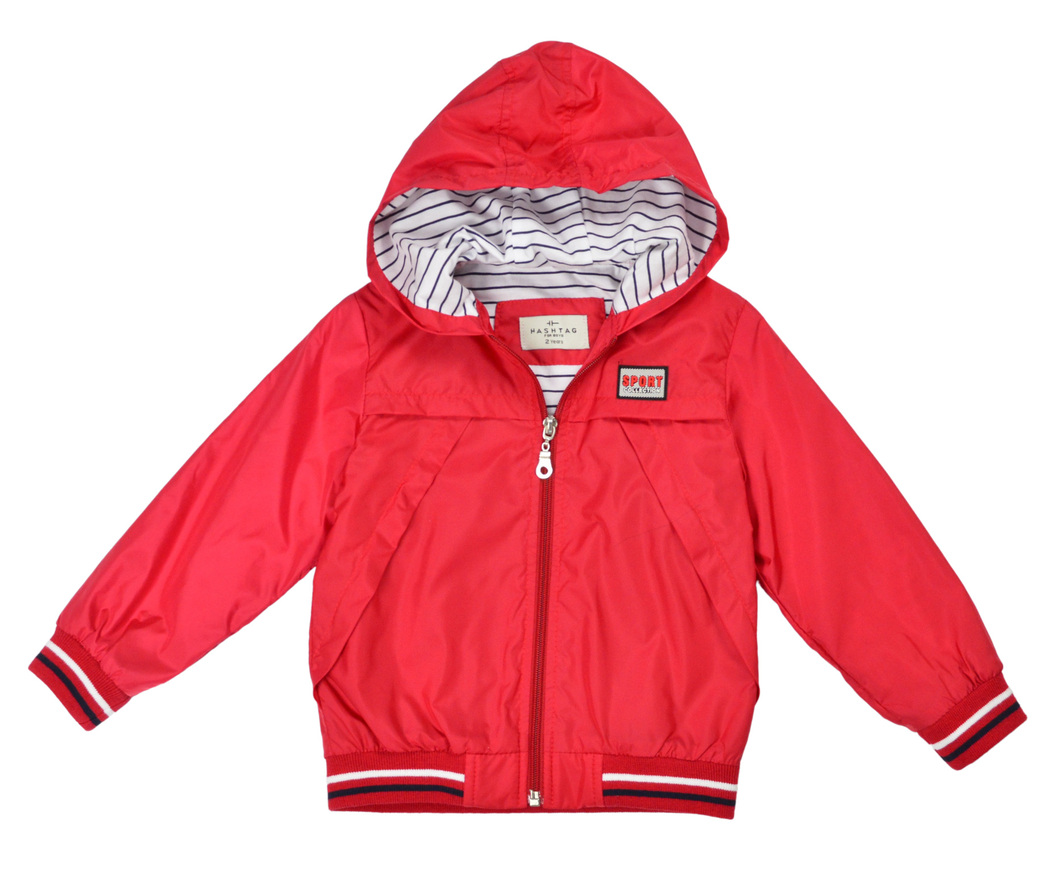HASHTAG seasonal jacket with hood in red.