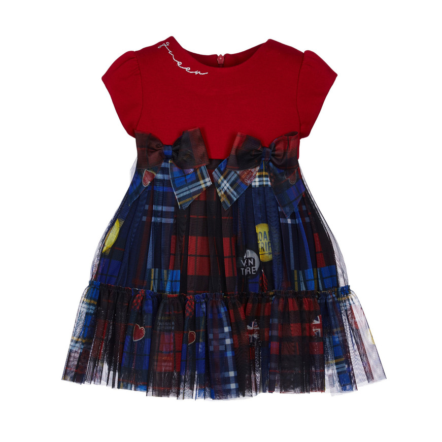 LAPIN dress with check print on the tulle skirt, decorative bows at the waist and slightly ballon sleeves.