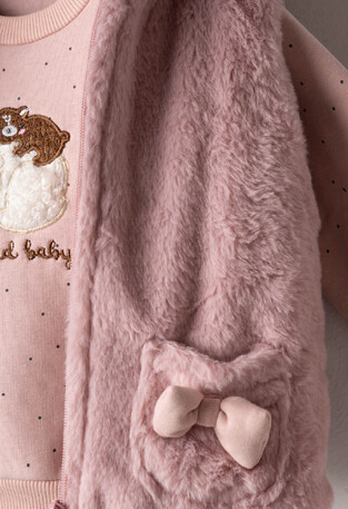Set of 3 EVITA leggings in pink-gray color with a sleeveless fur cardigan.