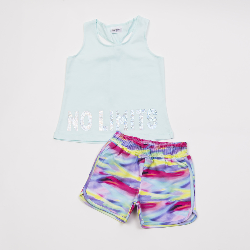 TRAX shorts set, turquoise sleeveless top and colorful shorts.