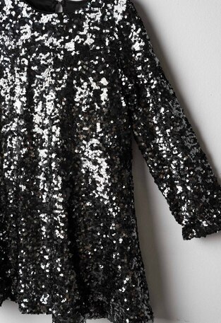 Ebita velvet dress in black with sequins and matching bag.