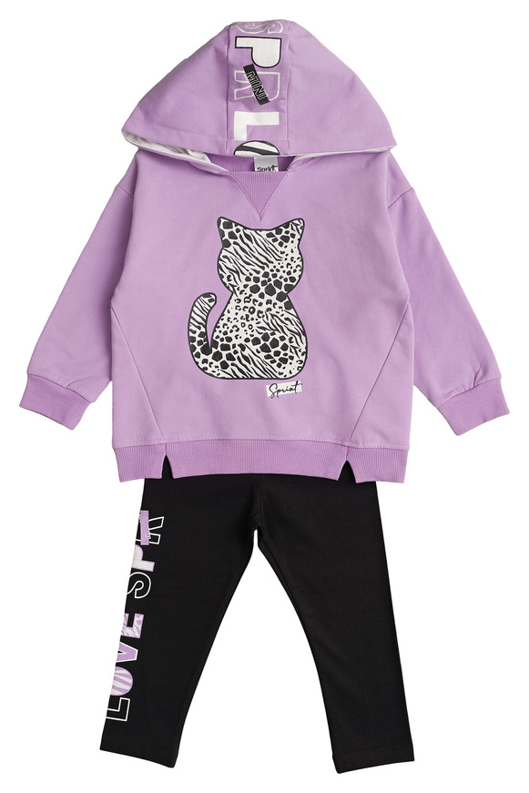 Set of SPRINT sweatpants in lilac color with embossed kitten print.