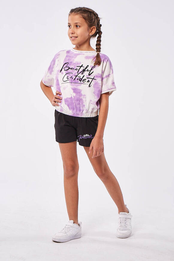 EBITA shorts set, purple blouse with elastic waist and printed shorts.