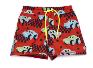 TORTUE bermuda swimsuit in red with a print of cars.