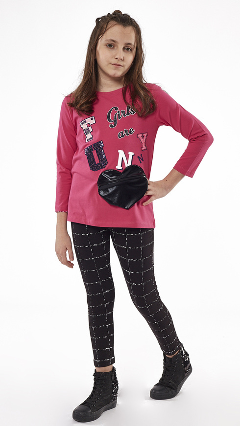 EBITA leggings set in fuchsia color with integrated heart bag and all over design of silver dust on the leggings.