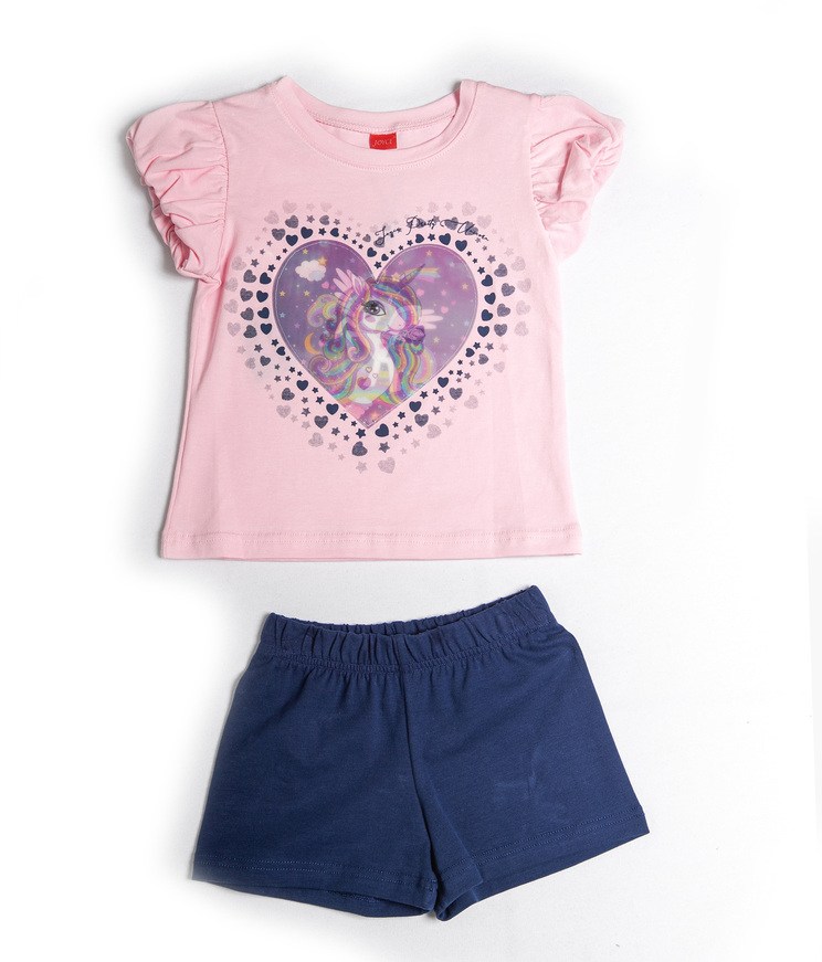 JOYCE shorts set, short sleeve blouse with pleats on the sleeves, 3D print on the front, in pink color, and shorts with elastic waist in blue color.