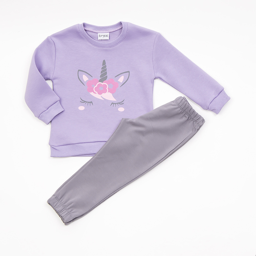 TRAX bodysuit set in lilac color with embossed unicorn print.