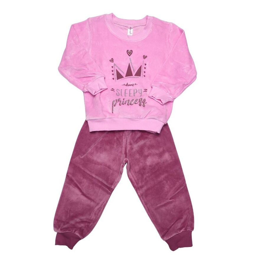 Βελουτέ πιτζάμα DREAMS σε ροζ χρώμα με ανάγλυφο τύπωμα κορόνας.