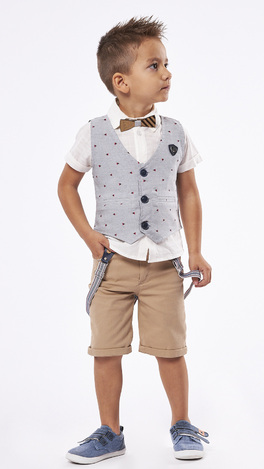Set of 3 pcs. HASHTAG, waistcoat, bow tie shirt and bermuda shorts in beige.
