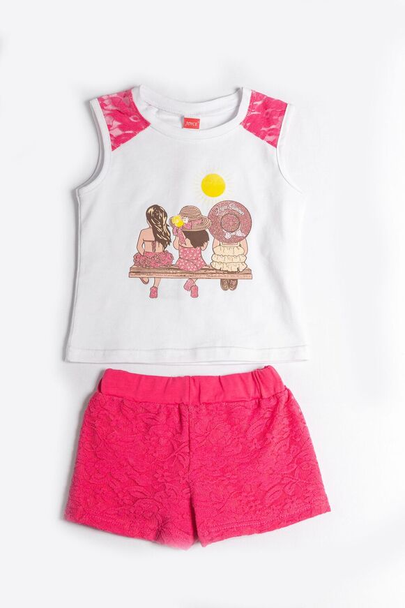 JOYCE shorts set, sleeveless blouse with embossed print in white, and shorts with lace in fuchsia color.