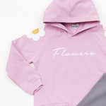 TRAX bodysuit set in pink with embossed "FLOWERS" logo.