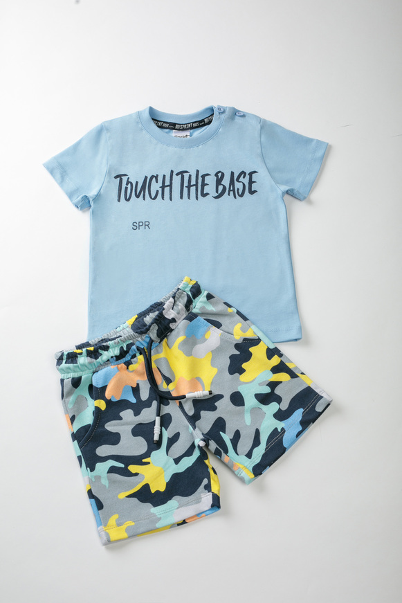 SPRINT shorts set in siel with "TOUCH THE BASE" logo.