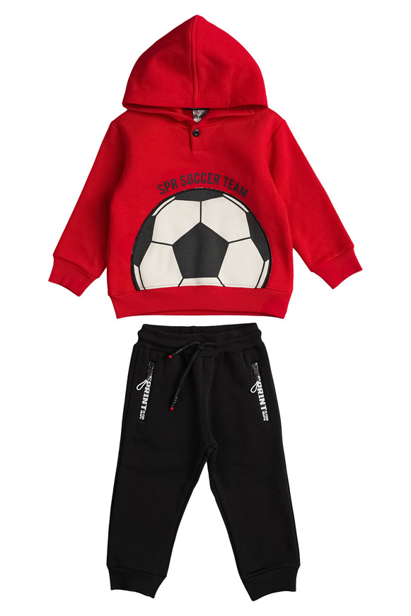 SPRINT suit set in red with embossed soccer ball print.