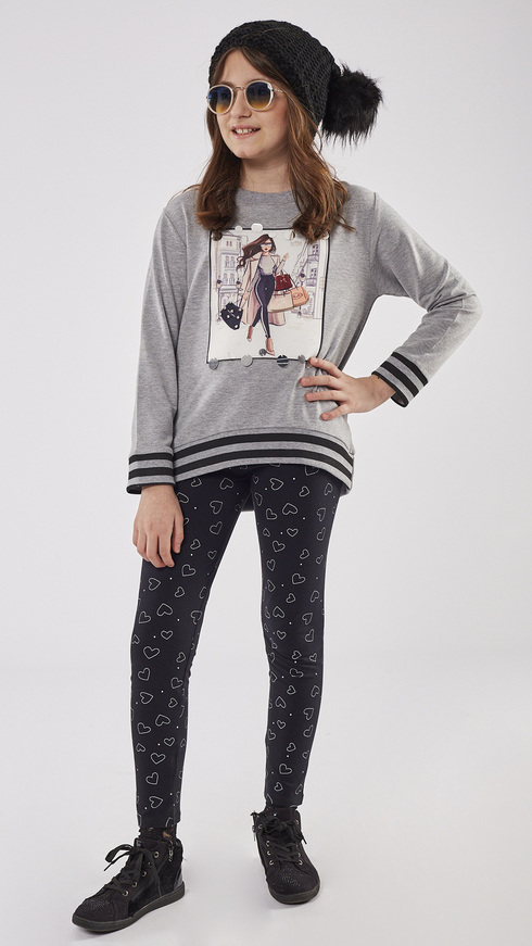 EBITA legging set, embossed print blouse with metallic sequins on the front, and all over heart print leggings.