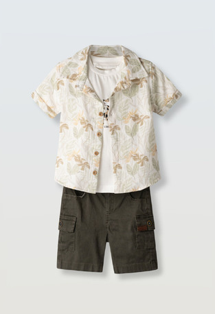 Σετ 3 τεμ. HASHTAG, πουκάμισο με all-over τύπωμα, μπλούζα και βερμούδα.