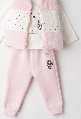 Σετ φόρμας  3 τεμ. ΕΒΙΤΑ σε ροζ-εκρού χρώμα με γούνινο γιλέκο.