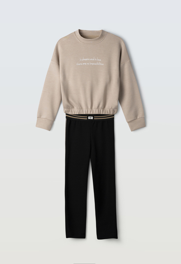 Σετ κολάν ΕΒΙΤΑ με στρογγυλή λαιμόκοψη σε μπεζ με μαύρο χρώμα.