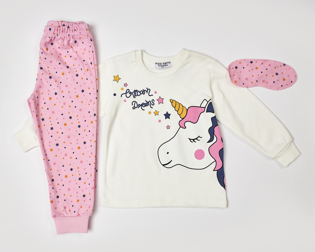 HOMMIES pajamas in off-white with unicorn print and matching sleep mask.